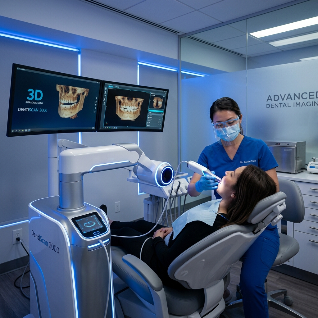 Dentists reviewing a 3D CBCT digital dental scan on screen